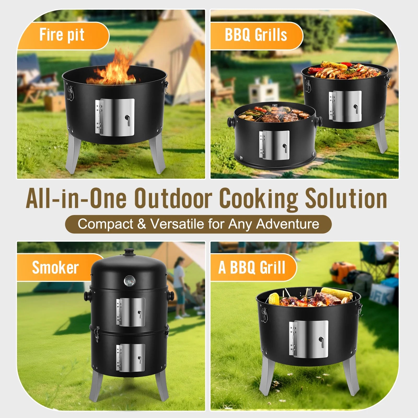 laraVist 16 Inch 4-in-1 Vertical Charcoal Grill & Smoker with Thermometer, Detachable Design