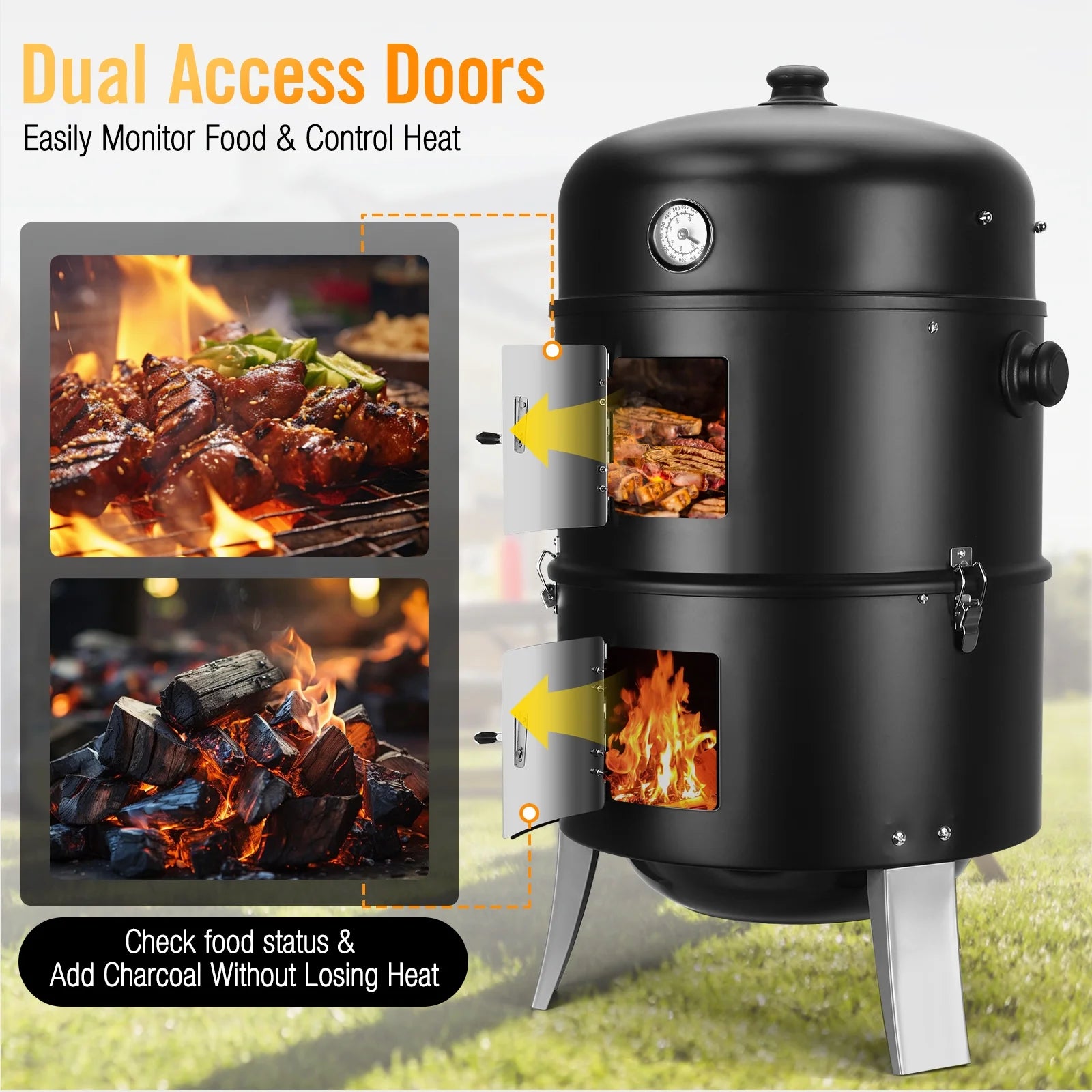 laraVist 16 Inch 4-in-1 Vertical Charcoal Grill & Smoker with Thermometer, Detachable Design