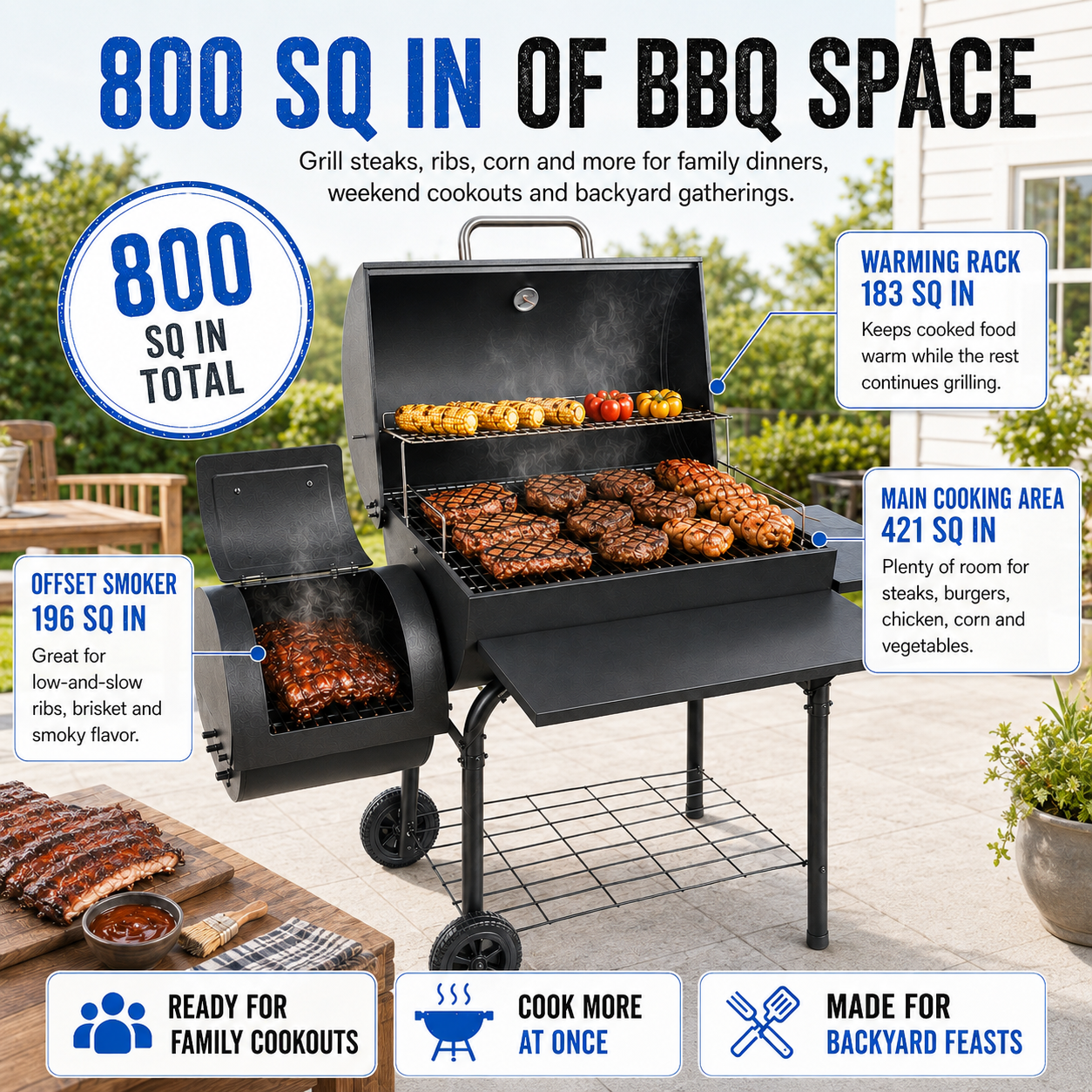 laraVist Charcoal Grill with Offset Smoker, 800 Sq. In. BBQ Grill