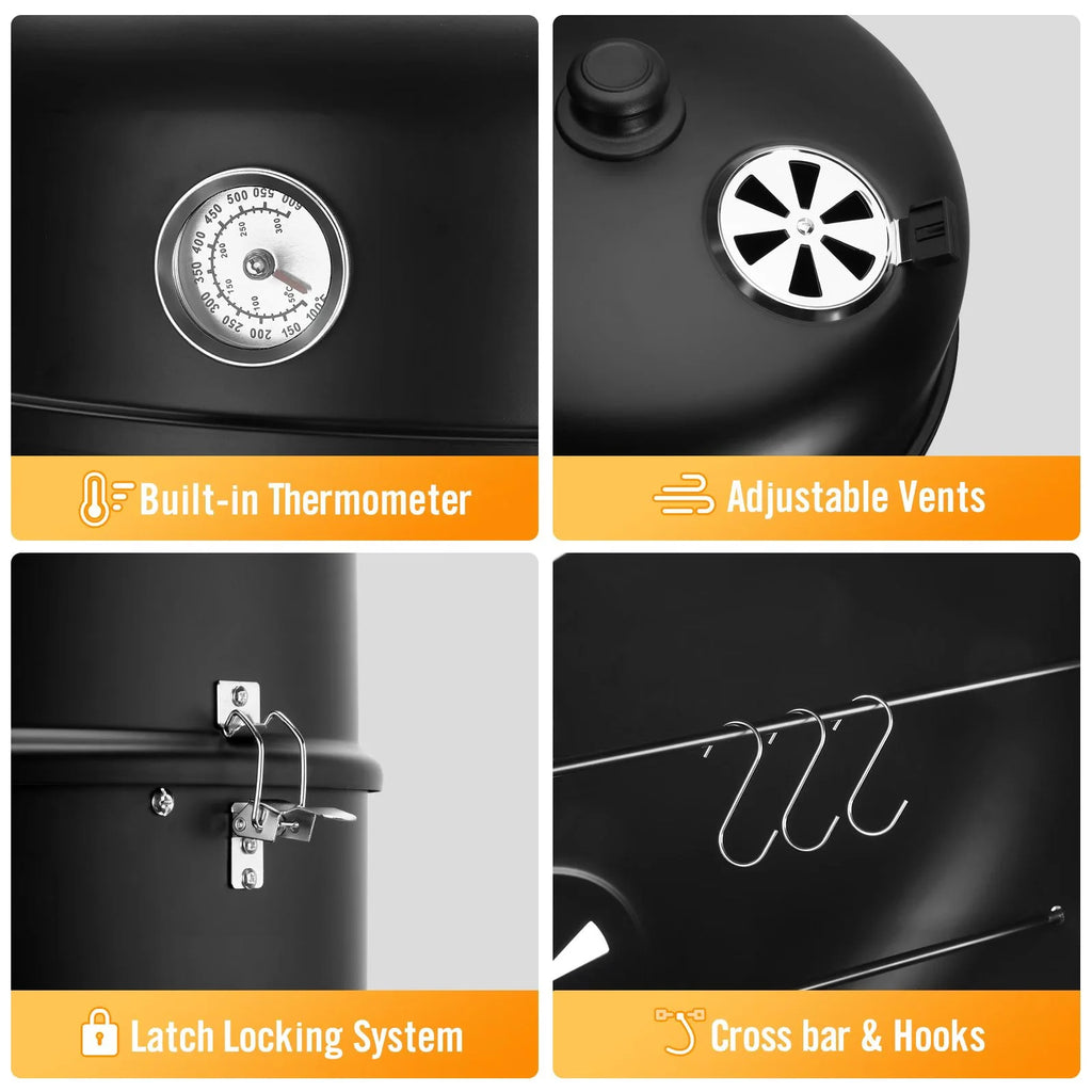 laraVist 16 Inch 4-in-1 Vertical Charcoal Grill & Smoker with Thermometer, Detachable Design