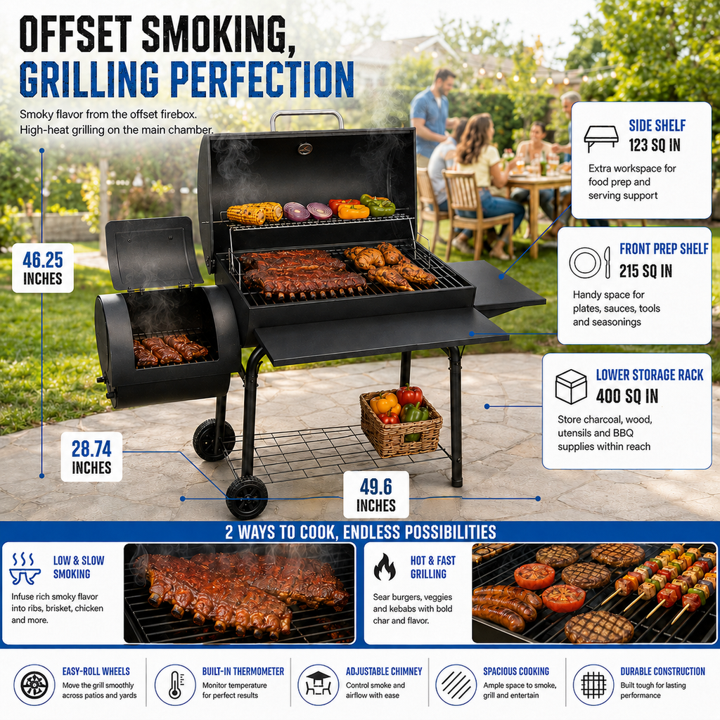 laraVist Charcoal Grill with Offset Smoker, 800 Sq. In. BBQ Grill