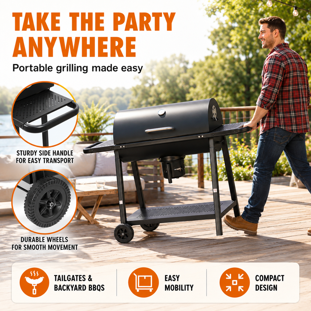 laraVist Barrel Charcoal Grill with 608.4 SQ In Cooking Area, Adjustable Airflow & Portable Wheels
