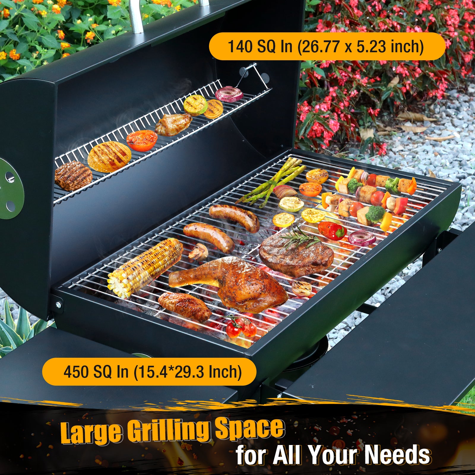 laraVist Portable Charcoal Grill, 589.32 SQ IN Cooking Area with Foldable Side Tables & Removable Ash Pan