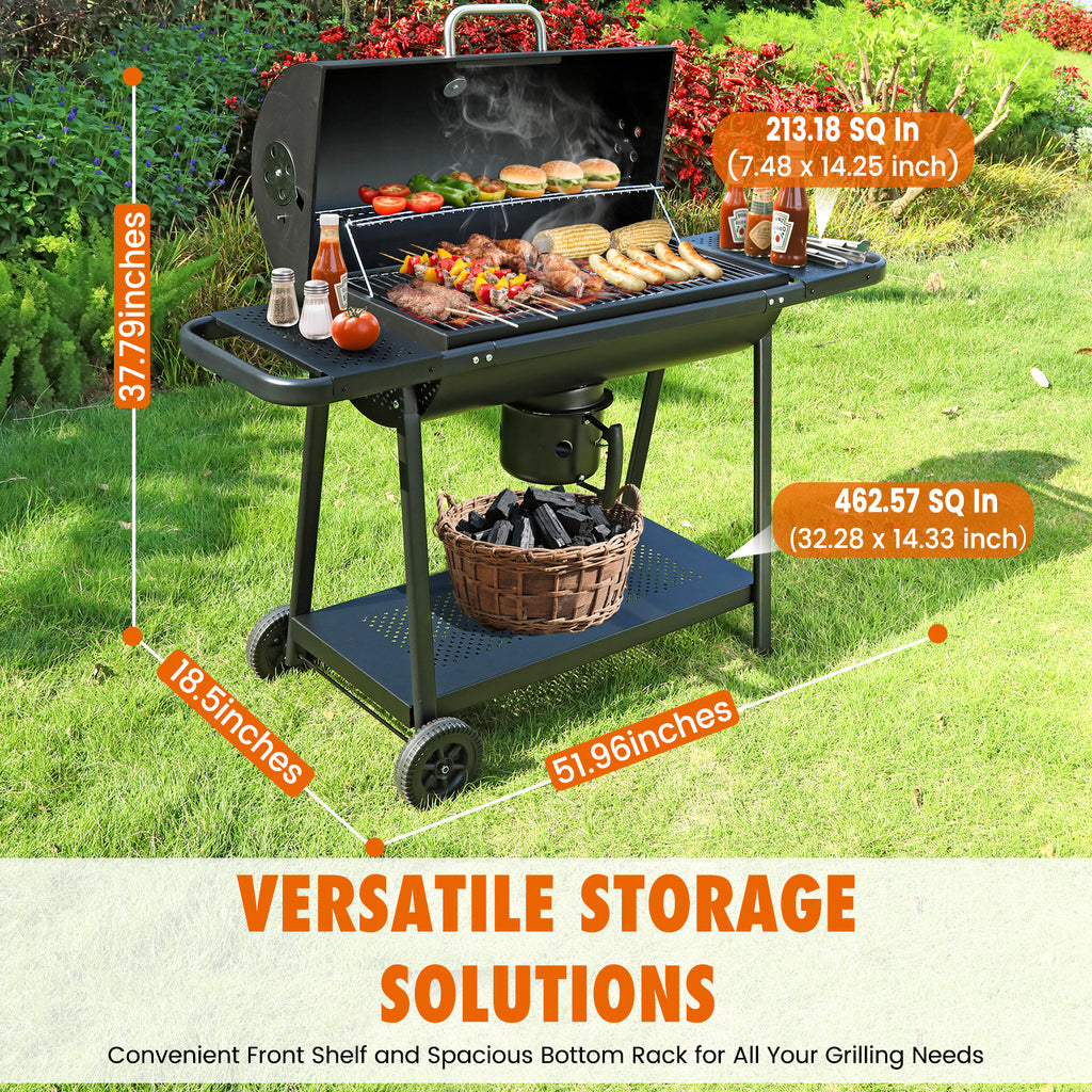 laraVist Barrel Charcoal Grill with 608.4 SQ In Cooking Area, Adjustable Airflow & Portable Wheels