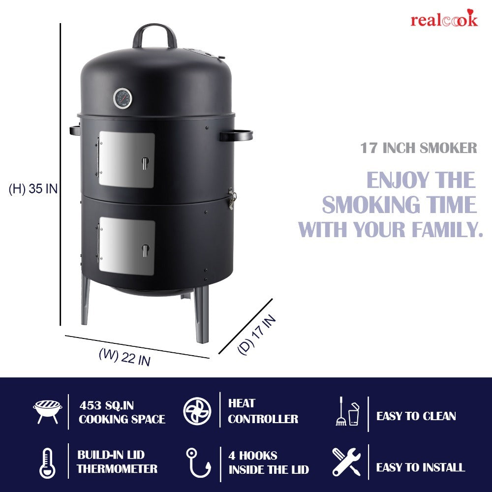 laraVist 3-in-1 Charcoal Smoker Grill with 453 sq. in. Cooking Space & Thermometer