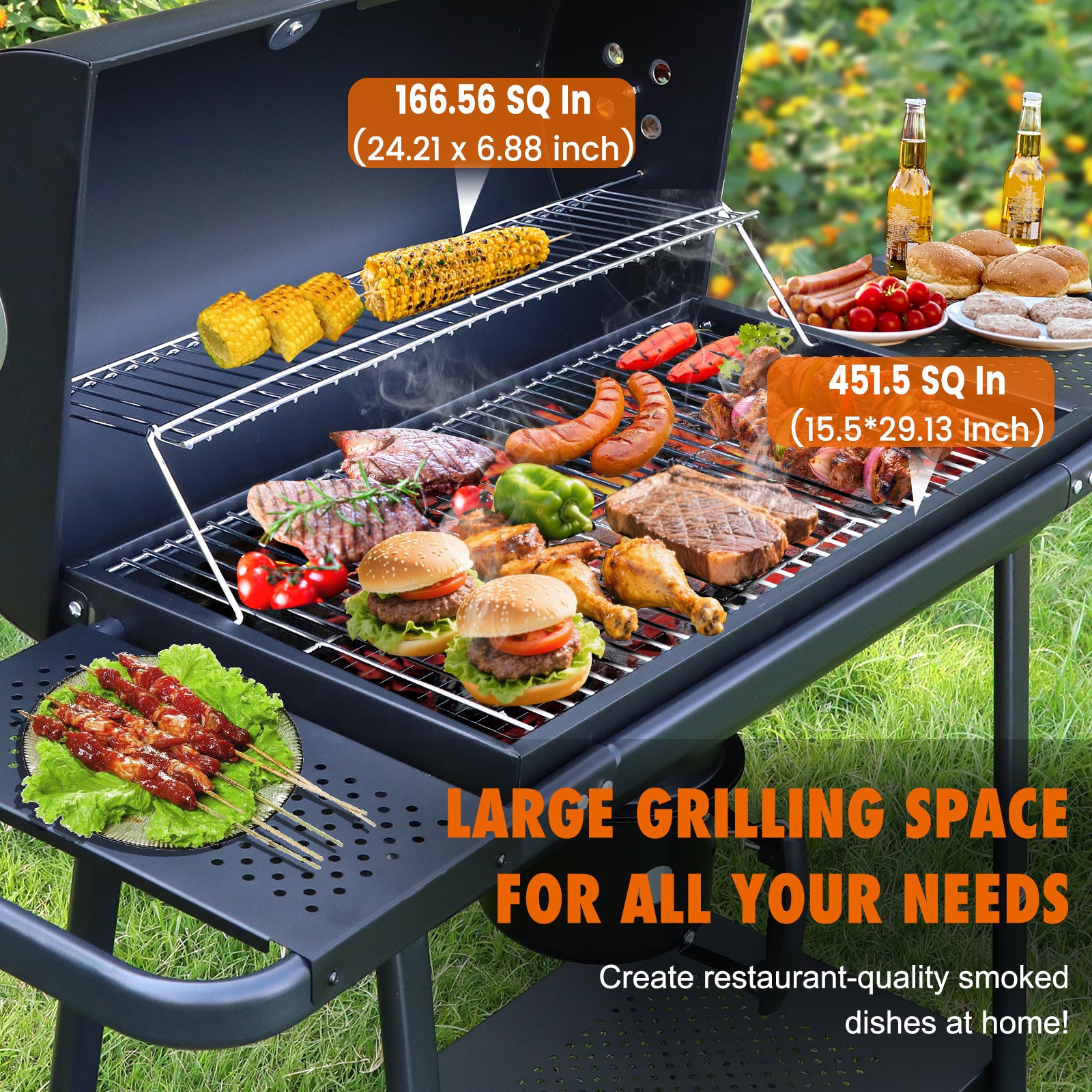 laraVist Barrel Charcoal Grill with 608.4 SQ In Cooking Area, Adjustable Airflow & Portable Wheels